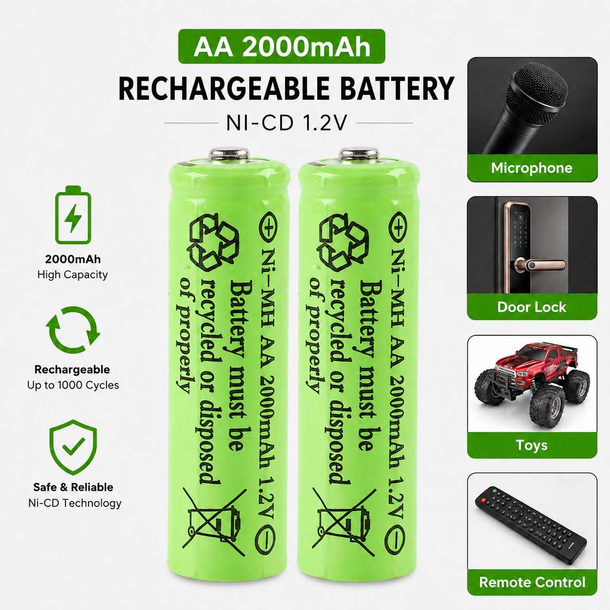 AA Rechargeable Battery 2000mAh 1.2V Ni-Cd High Capacity - a Piece (No Battery Charger Included)