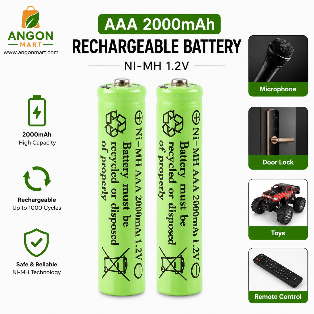 AAA Rechargeable Battery 2000mAh 1.2V Ni-Cd High Capacity - 2 Pieces (No Battery Charger Included)