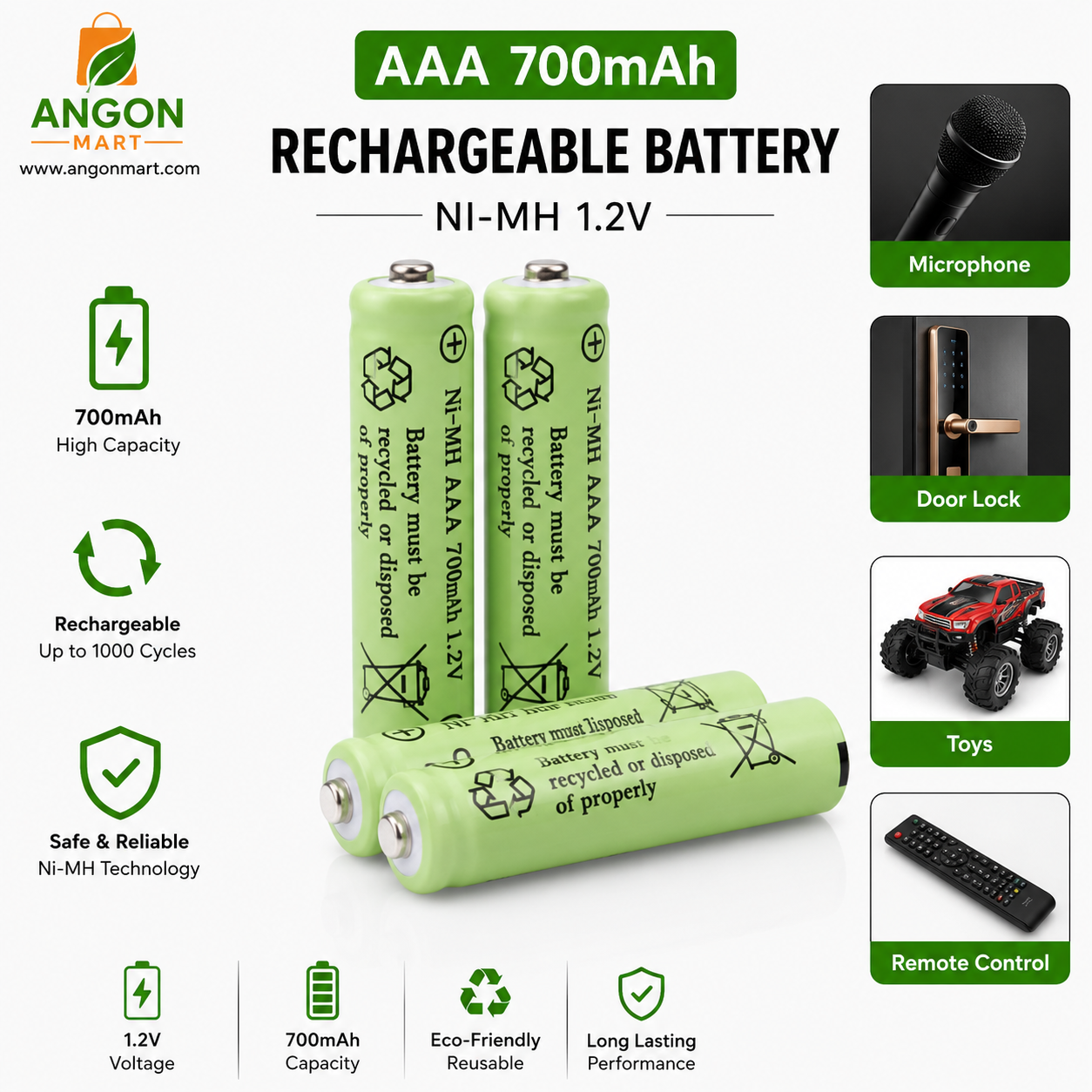 AAA Rechargeable Battery 700mAh 1.2V Ni-Cd High Capacity - 2 Pieces (No Battery Charger Included)